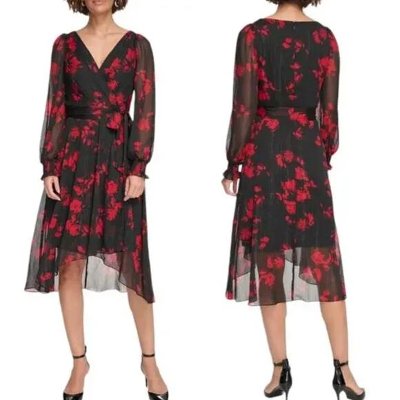NWT DKNY Red and Black Floral Long Balloon Sleeve Midi Dress Wrap Skirt Size 0 - Picture 1 of 7